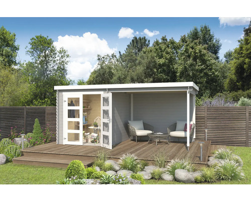 Abri de jardin Outdoor Life Long Beach avec avancée de toit avec paroi arrière 492,2 x 254,9 cm gris clair Abri de jardin avec terrasse, mobilier de jardin et double porte ouverte dans le jardin