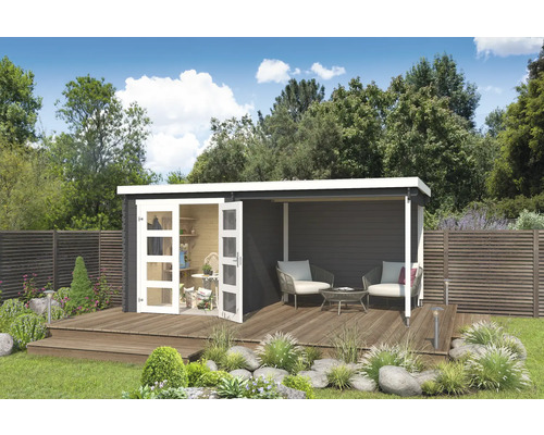 Abri de jardin Outdoor Life Long Beach avec avancée de toit avec paroi arrière 492,2 x 254,9 cm gris carbone Abri de jardin avec terrasse et mobilier de jardin sur une pelouse