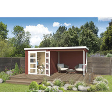 Abri de jardin en bois avec terrasse, mobilier de jardin et portes ouvertes