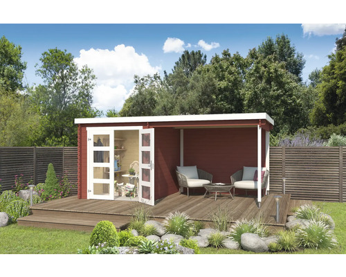 Abri de jardin Outdoor Life Long Beach avec avancée de toit avec paroi arrière 492,2 x 254,9 cm rouge de falun Abri de jardin en bois avec terrasse, mobilier de jardin et portes ouvertes