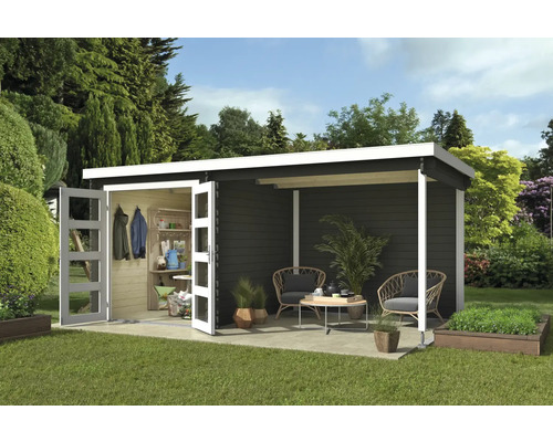 Abri de jardin Outdoor Life Long Beach avec avancée de toit avec paroi arrière 492,2 x 254,9 cm gris vert Abri de jardin avec portes ouvertes, terrasse et mobilier de jardin dans le jardin