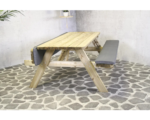 Table de pique-nique en bois avec coussins d''assise gris