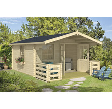 Abri de jardin en bois avec terrasse et toit noir