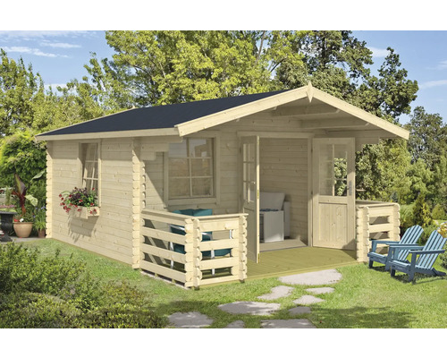 Abri de jardin Outdoor Life Luna 2 avec plancher, terrasse, jardinière 403,8 x 530 cm nature Abri de jardin en bois avec terrasse et toit noir
