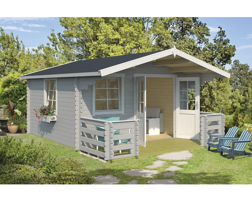 Abri de jardin Outdoor Life Luna 2 avec plancher, terrasse, jardinière 403,8 x 530 cm gris clair Maison de jardin en bois avec terrasse, fenêtre et porte dans le jardin