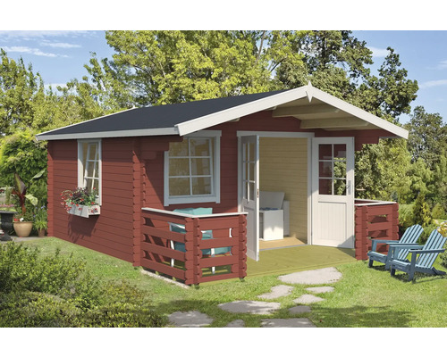 Abri de jardin Outdoor Life Luna 2 avec plancher, terrasse, jardinière 403,8 x 530 cm rouge de falun Maison de jardin en bois avec terrasse et mobilier de jardin dans un écrin de verdure