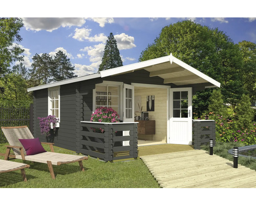 Abri de jardin Outdoor Life Luna 2 avec plancher, terrasse, jardinière 403,8 x 530 cm gris vert Maison de jardin en bois avec terrasse, mobilier de jardin et plantations dans un jardin verdoyant