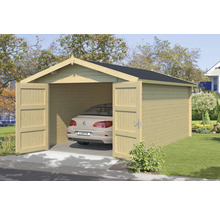 Garage en bois avec portes ouvertes et voiture garée