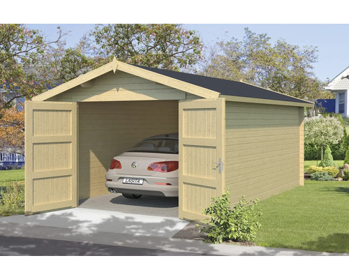 Garage en bois avec portes ouvertes et voiture garée