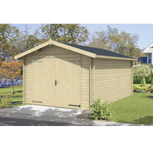 Garage en bois avec double porte et toit à deux pans dans le jardin