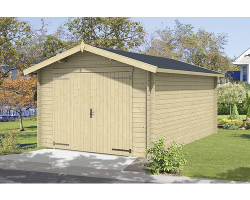 Garage en bois avec double porte et toit à deux pans dans le jardin