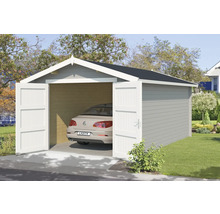 Garage en bois avec portes ouvertes et une voiture à l''intérieur