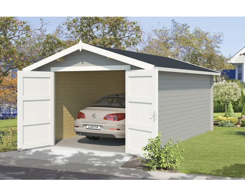 Garage simple Outdoor Life Mauritius avec porte en bois avec plancher 381,8 x 560 cm gris clair Garage en bois avec portes ouvertes et une voiture à l''intérieur