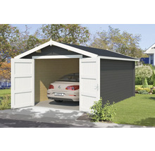Garage en bois avec portes ouvertes et voiture à l''intérieur