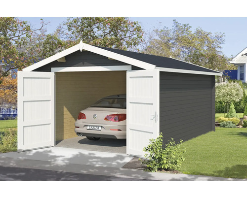 Garage simple Outdoor Life Mauritius avec porte en bois avec plancher 381,8 x 560 cm gris carbone Garage en bois avec portes ouvertes et voiture à l''intérieur