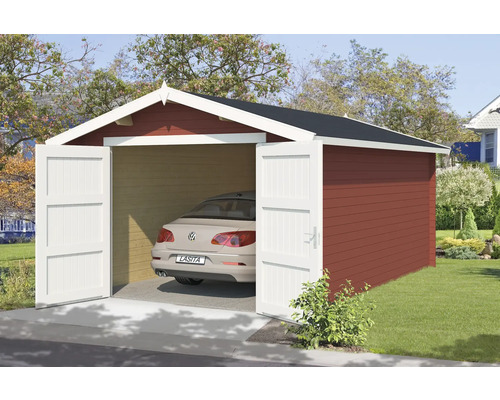 Garage simple Outdoor Life Mauritius avec porte en bois avec plancher 381,8 x 560 cm rouge suédois Garage en bois avec portes ouvertes et une voiture garée à l''intérieur
