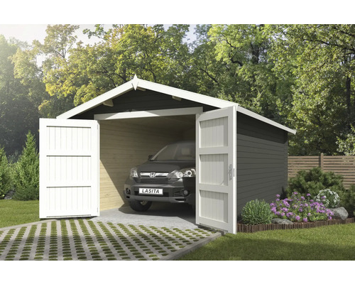 Garage simple Outdoor Life Mauritius avec porte en bois avec plancher 381,8 x 560 cm vert gris Garage à porte en bois ouverte avec voiture dans le jardin