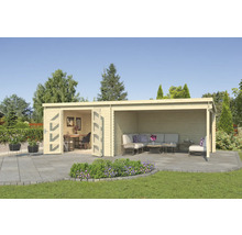 Abri de jardin avec portes ouvertes, mobilier de bureau et coin salon extérieur