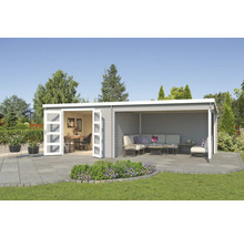 Abri de jardin avec bureau et coin salon sur terrasse