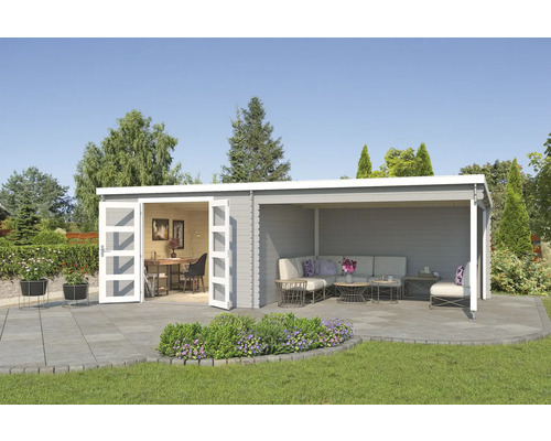 Abri de jardin Outdoor Life New Orleans avec avancée de toit avec paroi arrière 730 x 359,1 cm gris clair Abri de jardin avec bureau et coin salon sur terrasse