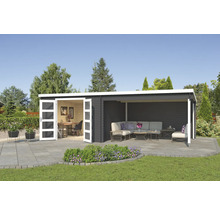 Abri de jardin avec bureau et espace lounge sur terrasse