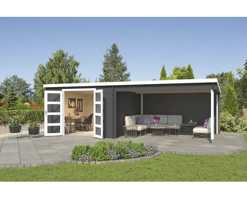 Abri de jardin avec bureau et espace lounge sur terrasse