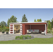 Maison de jardin en bois avec bureau et espace lounge à l''extérieur