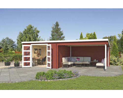 Maison de jardin en bois avec bureau et espace lounge à l''extérieur