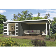 Maison de jardin en bois avec terrasse couverte et bureau dans le jardin