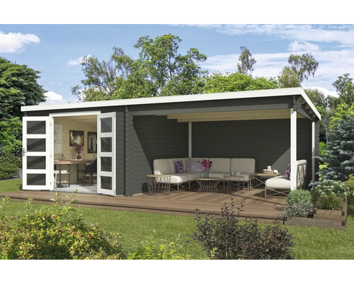 Maison de jardin en bois avec terrasse couverte et bureau dans le jardin