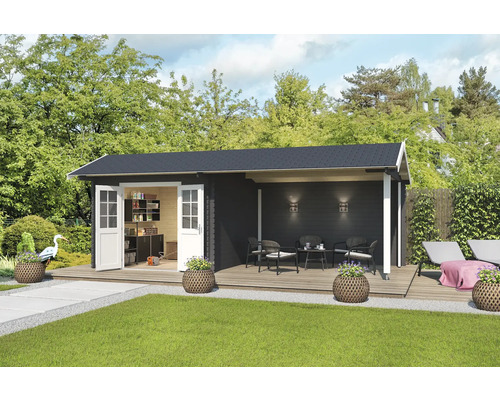 Abri de jardin Outdoor Life New York avec avancée de toit avec paroi arrière 720 x 389,3 cm gris carbone Abri de jardin avec terrasse, mobilier de jardin et aménagement intérieur dans un jardin soigné