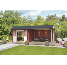 Maison de jardin en bois avec terrasse, mobilier de jardin et armoire à outils dans le jardin