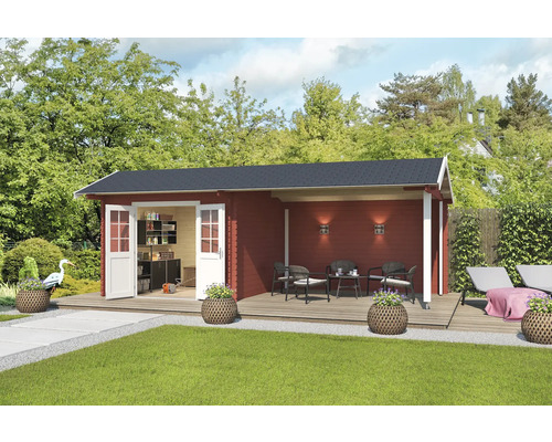 Abri de jardin Outdoor Life New York avec avancée de toit avec paroi arrière 720 x 389,3 cm rouge de falun Maison de jardin en bois avec terrasse, mobilier de jardin et armoire à outils dans le jardin