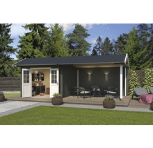 Abri de jardin avec terrasse couverte et portes doubles ouvertes