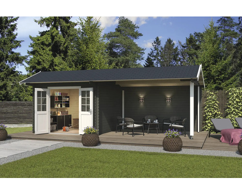 Abri de jardin Outdoor Life New York avec avancée de toit avec paroi arrière 720 x 389,3 cm gris vert Abri de jardin avec terrasse couverte et portes doubles ouvertes