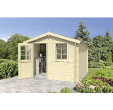 Abri de jardin en bois avec fenêtre et porte ouverte dans le jardin