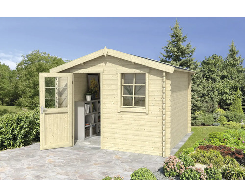 Abri de jardin en bois avec fenêtre et porte ouverte dans le jardin