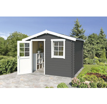 Abri de jardin avec porte ouverte et fenêtre dans le jardin.