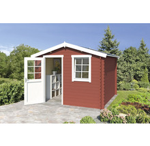 Abri de jardin en bois avec fenêtre et porte ouverte dans le jardin