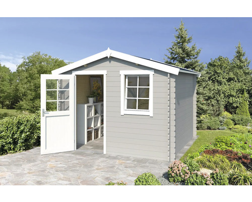 Abri de jardin Outdoor Life Nina 307,2 x 295 cm gris clair Abri de jardin avec porte ouverte et fenêtre dans un jardin.