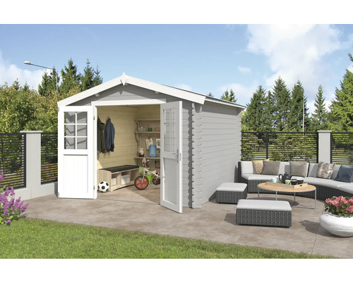 Abri de jardin Outdoor Life Norah 307,2 x 295 cm gris clair Abri de jardin avec porte ouverte, intérieur avec étagère et banc, coin salon extérieur sur la terrasse