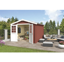 Scène de jardin avec abri de jardin, coin salon et clôture de jardin