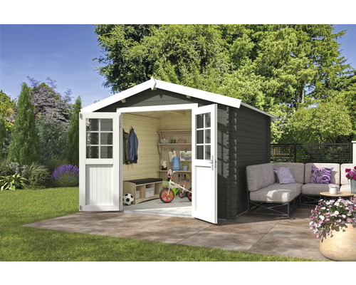 Abri de jardin Outdoor Life Norah 307,2 x 295 cm vert gris Jardin avec remise à outils, mobilier de jardin et décoration de jardin