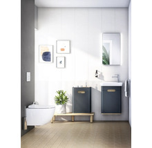 Modernes Badezimmer mit Wand-Tiefspül-WC, Waschtisch, Spiegelschrank und Ablage