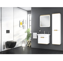 Salle de bains moderne avec WC suspendu, meuble-lavabo, armoire de toilette et armoire haute