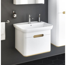 Meuble-lavabo blanc avec robinetterie, distributeur de savon et porte-serviettes dans la salle de bain.