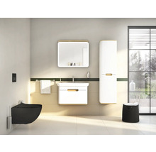 Salle de bains avec lavabo, miroir, armoire haute et WC suspendu