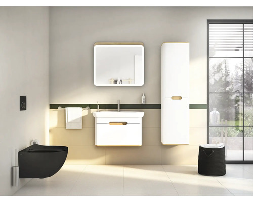 Badezimmer mit Waschtisch, Spiegel, Hochschrank und Wandtoilette