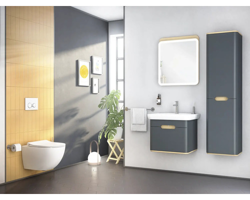 Modernes Badezimmer mit Toilette, Waschtisch, Spiegel und Hochschrank