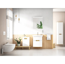 Salle de bain lumineuse avec toilettes, lavabo, miroir, armoire suspendue et décoration